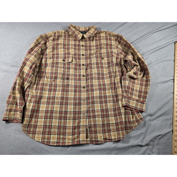 Lauren Ralph Lauren Shirt 3X Tan Red Green Plaid‎ Utility Outdoor Snap Buttons - Picture 1 of 6